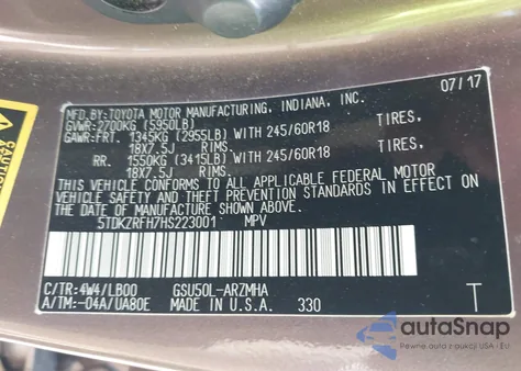 2017 Toyota Highlander Se/Xle из США, поврежденный, VIN 5TDKZRFH7HS223001